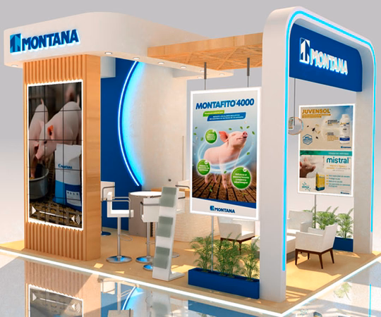 Stand de exposición para Montaña con carteles promocionales, zona de asientos, plantas y modernos elementos de diseño en azul y blanco.