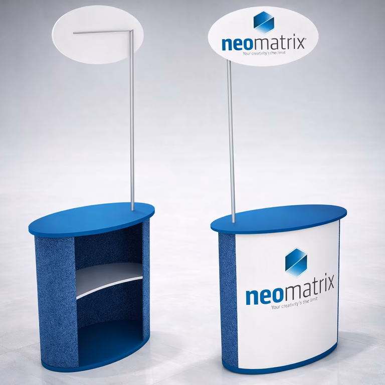 Dos mostradores promocionales azules y blancos con tapas ovaladas, señalización, estanterías y la marca "neomatrix" en los paneles frontales.