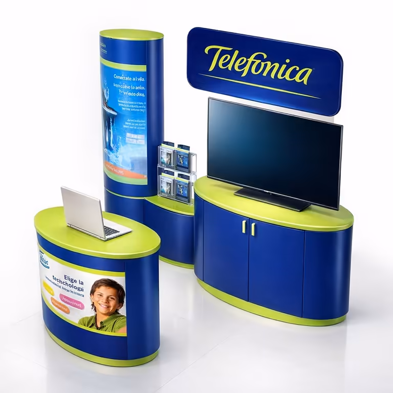 Un expositor azul y verde de Telefónica con un televisor, un portátil, folletos y gráficos promocionales en mostradores y paneles.