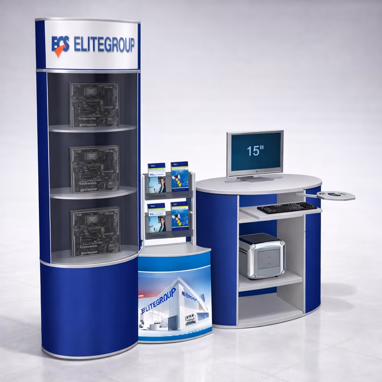 Stand de feria para ECS Elitegroup con placas base de ordenador, folletos, un monitor con la etiqueta "15" y equipos electrónicos sobre soportes azules y blancos.